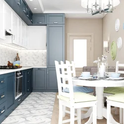 White kitchen with gray floor in the interior