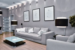 Furniture in the living room interior with gray wallpaper