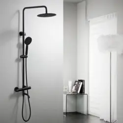 Black bathtub faucets in the interior photo