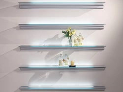 Glass shelves on the wall in the living room interior