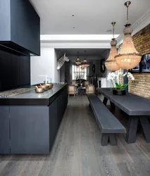 Kitchen interior with dark floor