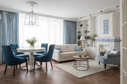 Blue sofa in the kitchen interior photo
