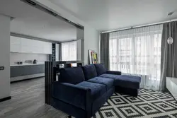 Blue sofa in the kitchen interior photo