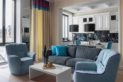 Blue sofa in the kitchen interior photo
