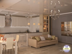 Interior design of living room floor with kitchen