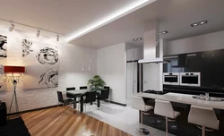 Interior design of living room floor with kitchen