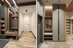 Photo of a hallway with a wardrobe in a modern style, narrow and long