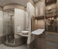 Душ пен бұрыштық ваннасы бар ванна бөлмесінің дизайны