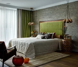 Olive curtains in the bedroom interior
