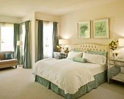 Olive curtains in the bedroom interior