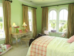 Olive curtains in the bedroom interior