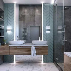 Bathroom design in gray tone with wood