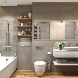 Gray bathroom interior with wood
