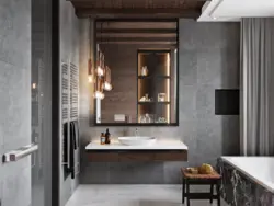 Gray bathroom interior with wood