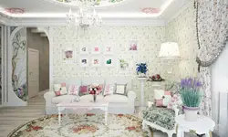 Provence style wallpaper in the living room interior