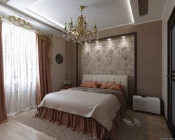 Wall design at the head of the bed in the bedroom photo