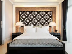 Wall design at the head of the bed in the bedroom photo