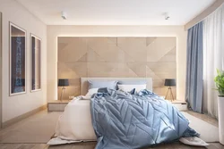 Wall design at the head of the bed in the bedroom photo