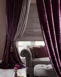 Velvet curtains in the bedroom interior photo