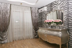 Velvet curtains in the bedroom interior photo