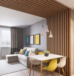 Slats дар тарҳрезии ҳуҷраи меҳмонхонаи ошхона