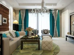 Emerald curtains in the living room interior