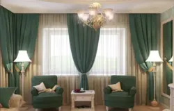 Emerald curtains in the living room interior