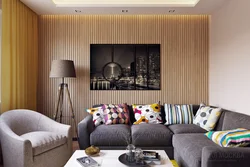 Slats in the living room interior on the wall behind the sofa