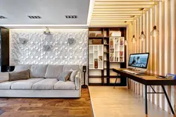 Slats in the living room interior on the wall behind the sofa
