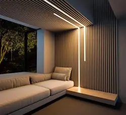 Slats In The Living Room Interior On The Wall Behind The Sofa