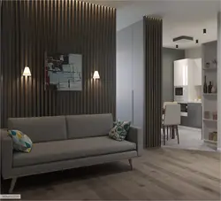 Slats In The Living Room Interior On The Wall Behind The Sofa
