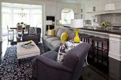 Gray sofa in the kitchen interior