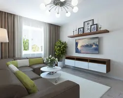 Interior of a rectangular living room with one window