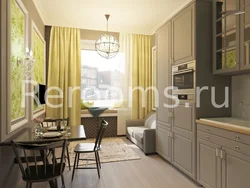 Kitchen design in a modern style with a sofa 10 sq m