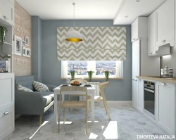 Kitchen design in a modern style with a sofa 10 sq m