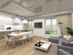 Design of a kitchen living room in a house in a modern style in light colors