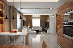 Design of a kitchen living room in a house in a modern style in light colors