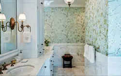 Bathroom design with wallpaper and tiles