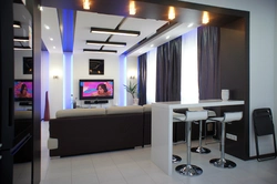 Living room design in an apartment with a bar counter