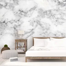 Bedroom design with marbled wallpaper