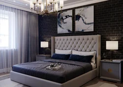 Dark gray bed in the bedroom photo