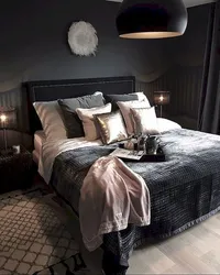 Dark gray bed in the bedroom photo