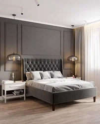 Dark gray bed in the bedroom photo