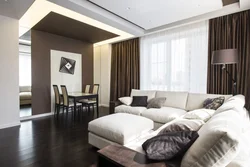 White living room dark floor in the interior