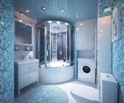 Душ және кір жуғыш машинасы бар ванна бөлмесінің дизайны плиткалары