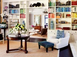 Shelving in the interior of the living room photo in a city apartment