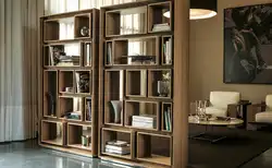 Shelving in the interior of the living room photo in a city apartment