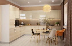 Beige kitchen design with black splashback