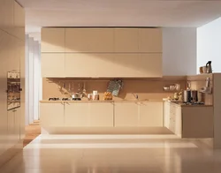 Beige kitchen design with black splashback