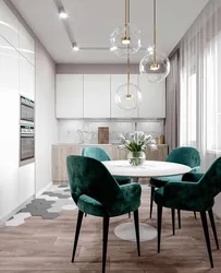 White Kitchen Interior With Green Curtains